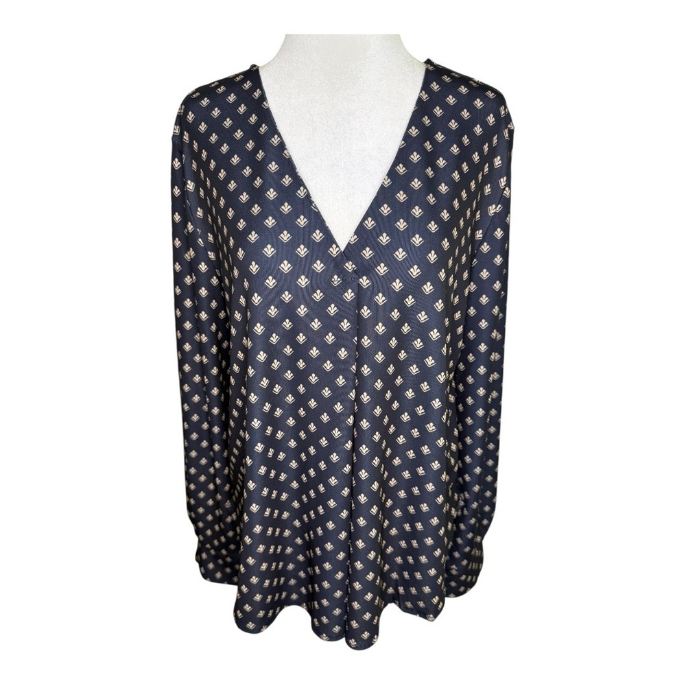 Premise Studio Black V Neck Long‎ Sleeve Blouse Geometric Print Womens Large NWT